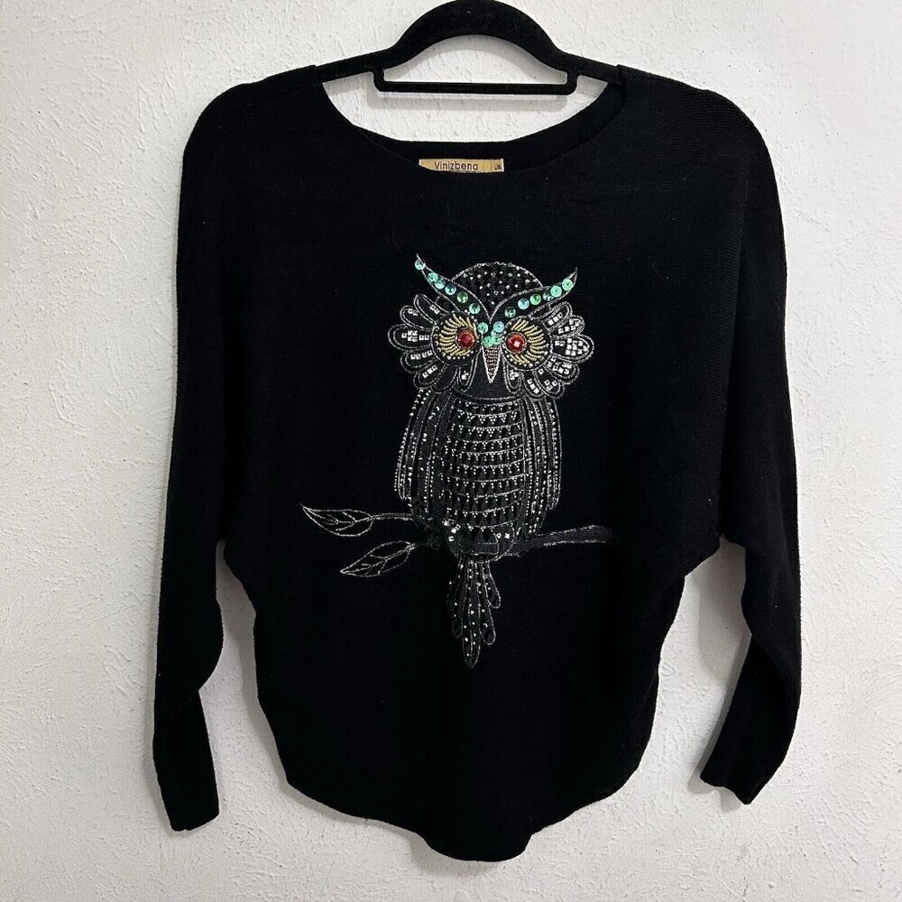 Vinizbena Women's Black Beaded Studded Owl‎ Sweater Size L / XL Artsy, Eclectic